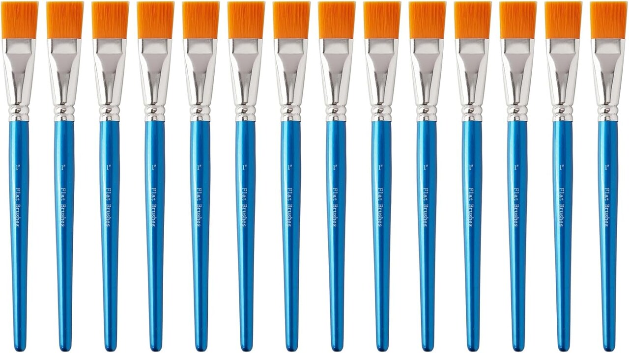 14 Pcs 1 Inch Flat Paint Brushes - Synthetic Nylon Hair Artist Brushes Bulk for Acrylic, Oil, Watercolor - Wooden Handle Professional Painting Brushes for Canvas, Detail Work, Base Coating & Crafts